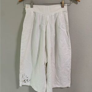 White Linen Culotte Pants Leaf Cutout Hem Size S